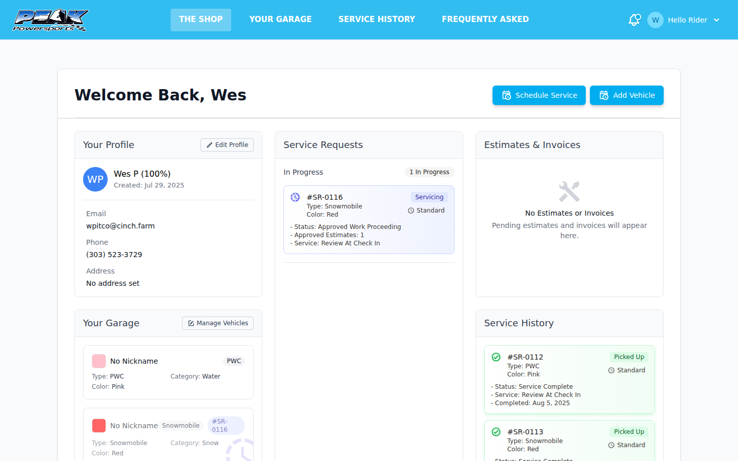 Peak Advantage member dashboard — Welcome back, with service requests, garage, and history at a glance.