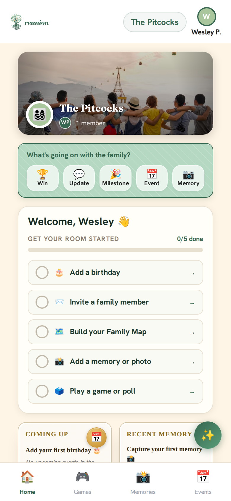 Reunion — the family "Living Room" home base, with the family cover, quick actions, and a get-started checklist.