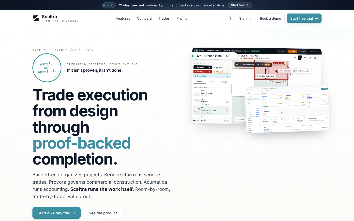 Scaftra — Trade execution from design through proof-backed completion.