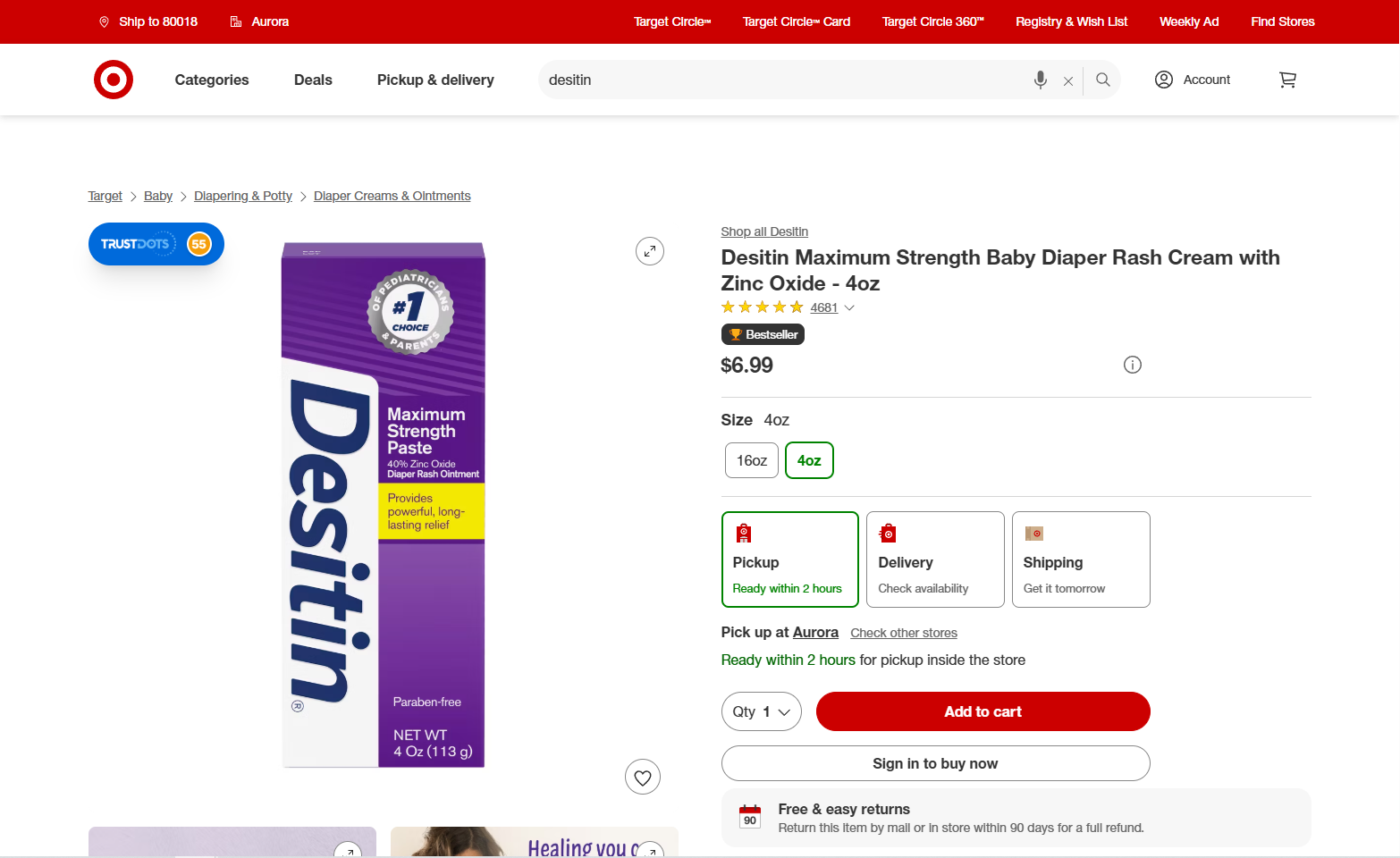 TrustDots Extension — the in-page trust panel on a retailer product page.