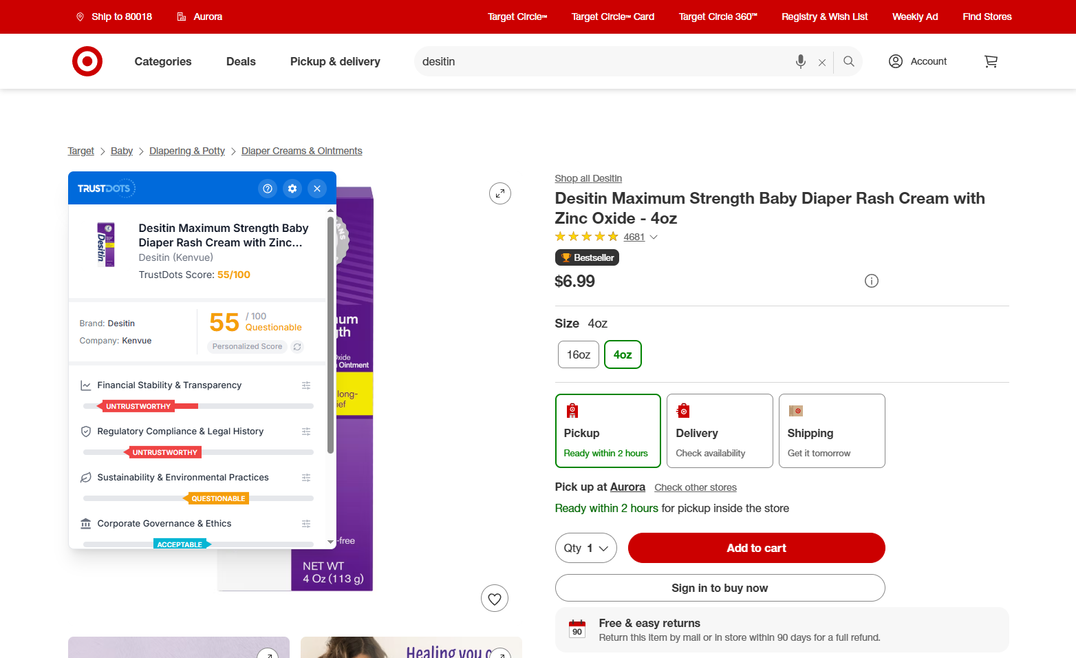 TrustDots Extension — the in-page trust panel on a retailer product page.